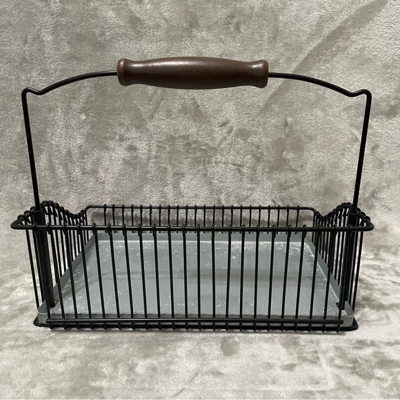 Ikea Fintorp Wire Basket Condiment Caddy Black Metal Wood Handle Retired Rustic - Picture 4 of 13